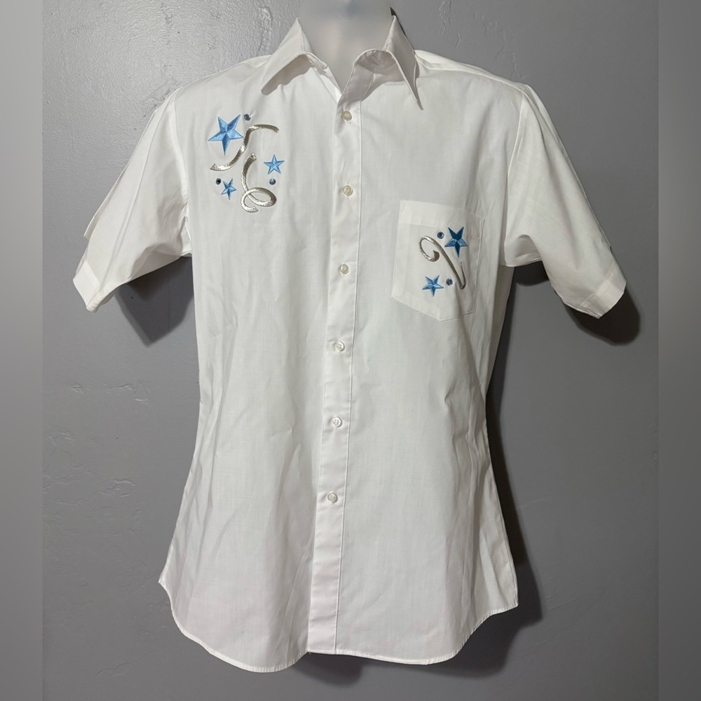 Vtg Moda Bianco Western Button Down Shirt Embroidered Concho white blue Sz S 14